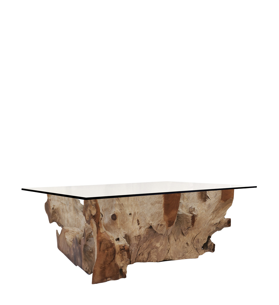 Coffee table made of bleached teak root with glass 120 x 75 x 45