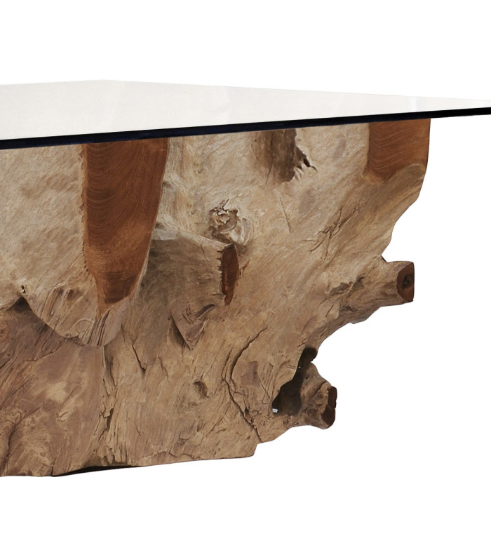 Coffee table made of bleached teak root with glass 120 x 75 x 45