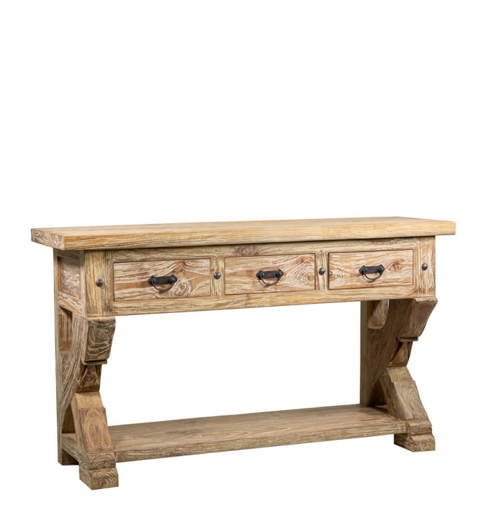 Console rustique en teck avec 3 tiroirs 140 x 40 x 80