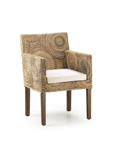 RATTAN - Mahogany and rattan armchair with cushion 56 x 60 x 85