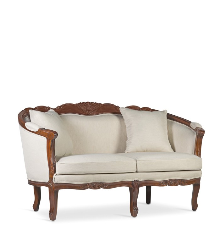 VINTAGE - Zweisitzer-Sofa aus Mahagoni und beige Stoff 150 x 75 x 90