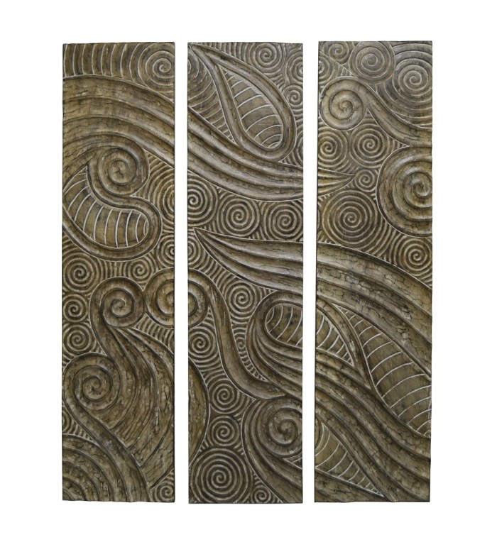 Brown wood set of 3 small carved panels 105  x 140