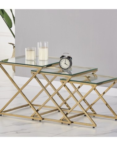 BERLIN - Set of 3 Steel and glass auxiliary tables 45 x 45 x 46 / 40 x 40 x 41 / 35 x 35 x 36