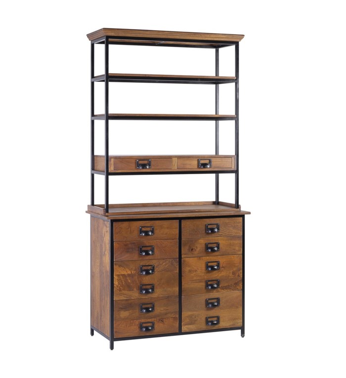 TORONTO - Mango and iron bookcase with 10 drawers and 4 gaps 100 x 45 x 200