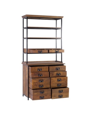 TORONTO - Mango and iron bookcase with 10 drawers and 4 gaps 100 x 45 x 200