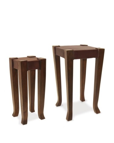 Set de 2  tables d'appoint en teck et cuir 37 x 37 x 65 / 24 x 24 x 56