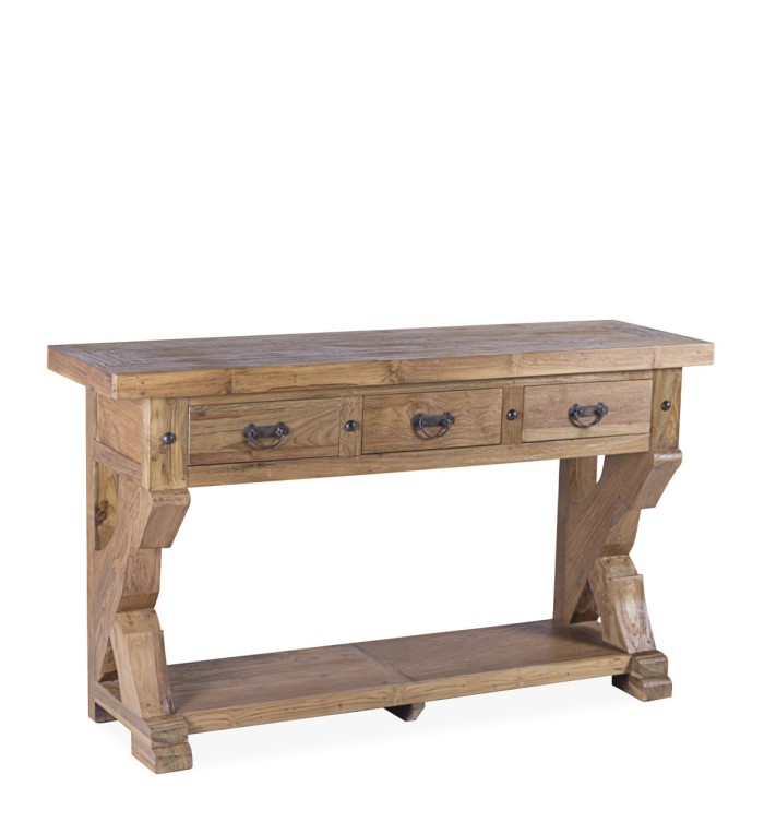 Rustic teak console with 3 drawers 140 x 40 x 80