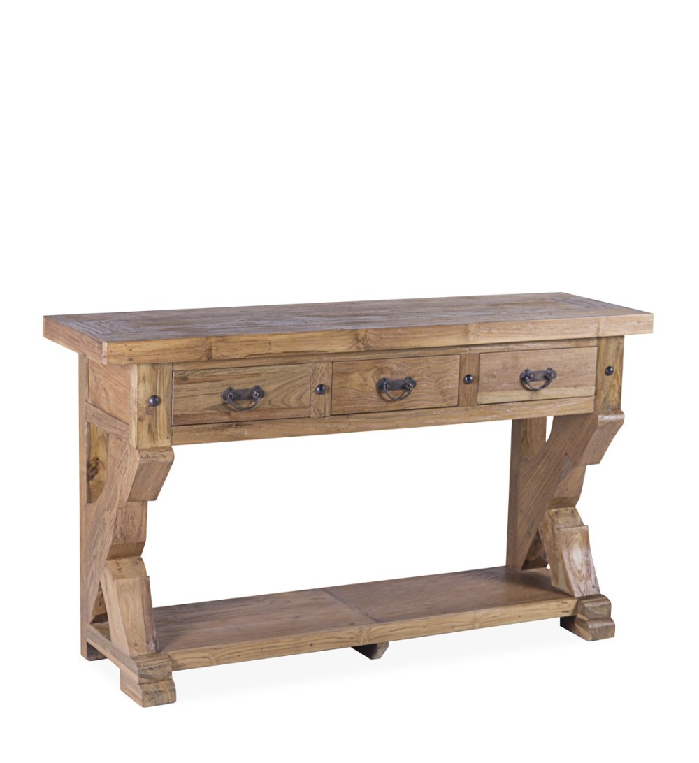 Console rustique en teck avec 3 tiroirs 140 x 40 x 80