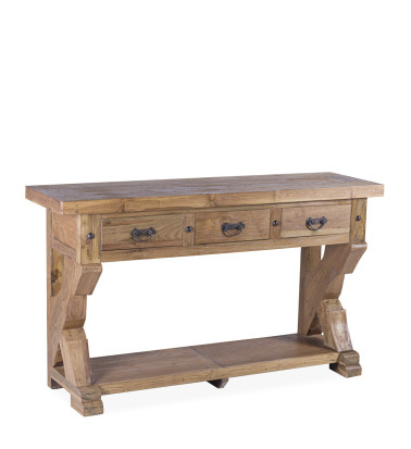 Console rustique en teck avec 3 tiroirs 140 x 40 x 80