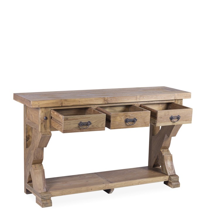 Console rustique en teck avec 3 tiroirs 140 x 40 x 80