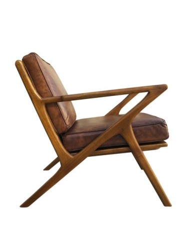 Teak and leather armchair 65 x 75 x 75