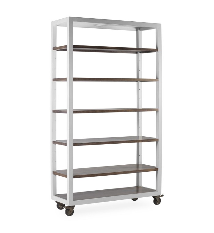 EVEREST - White and brown wood and iron bookcase with wheels 120 x 45 x 212