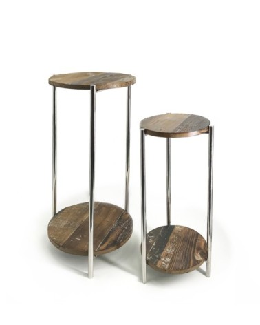 Set of 2 spruce and stainless steel side tables 37 x 37 x 83 / 30 x 30 x 68