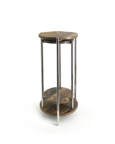 Set of 2 spruce and stainless steel side tables 37 x 37 x 83 / 30 x 30 x 68