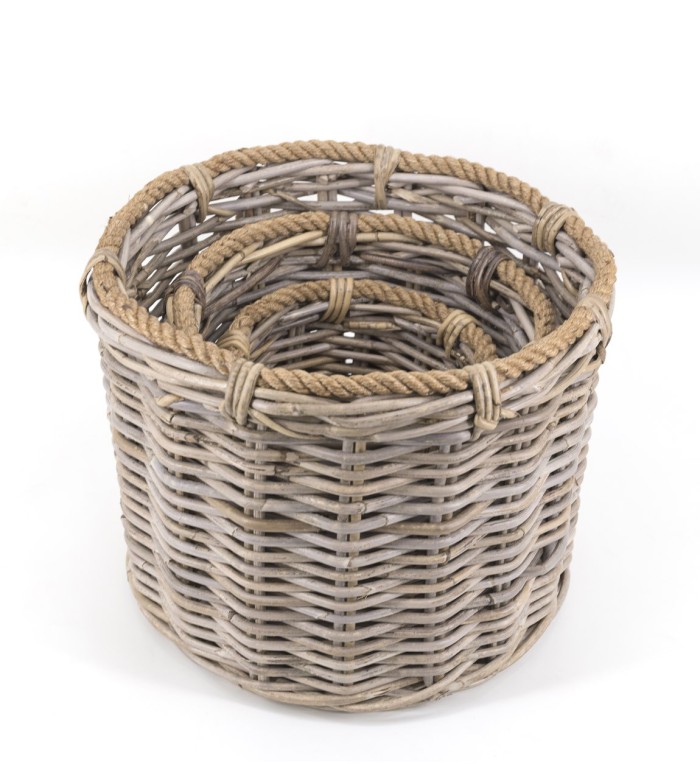 SET DI 3 CESTINI IN RATTAN E CORDA 40 x 40 x 32 / 32 x 32 x 25 / 22 x 22 x 18