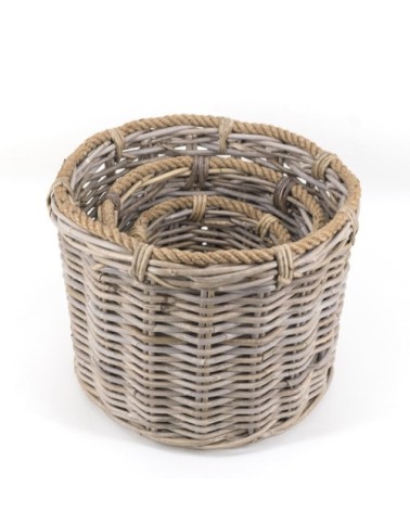 Set of 3 rattan and rope baskets 40 x 40 x 32 / 32 x 32 x 25 / 22 x 22 x 18