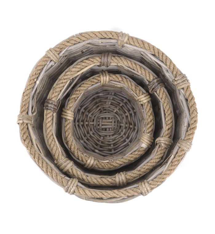 Set of 3 rattan and rope baskets 40 x 40 x 32 / 32 x 32 x 25 / 22 x 22 x 18