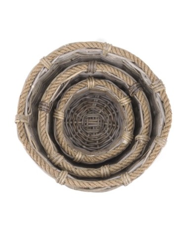 Set of 3 rattan and rope baskets 40 x 40 x 32 / 32 x 32 x 25 / 22 x 22 x 18