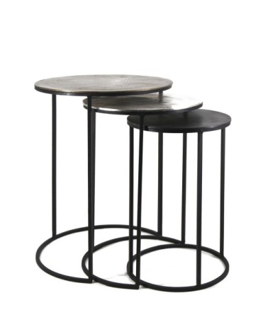 ANTIQUE - Set de 3 tables d'appoint rondes en fer et aluminium 42 x 42 x 60 / 35 x 35 x 55 / 30 x 30 x 50