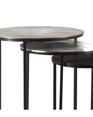 ANTIQUE - Set de 3 tables d'appoint rondes en fer et aluminium 42 x 42 x 60 / 35 x 35 x 55 / 30 x 30 x 50