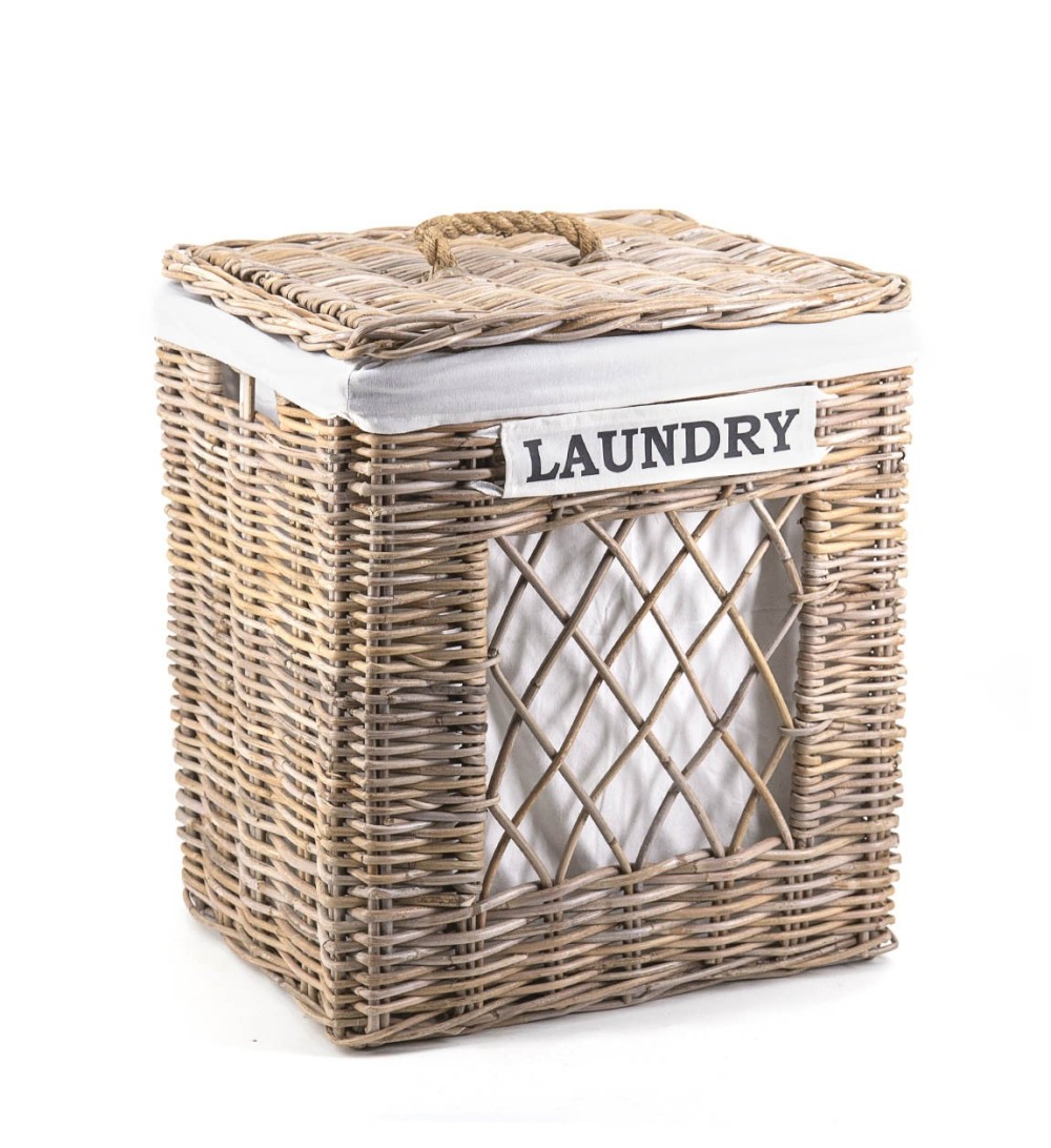 RATTAN - Panier avec couvercle et étiquette "laundry" 43 x 34 x 55