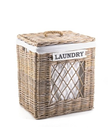 RATTAN - Basket with lid and "laundry" label 43 x 34 x 55