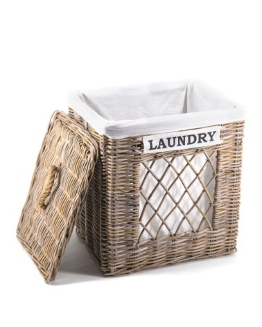 RATTAN - Basket with lid and "laundry" label 43 x 34 x 55