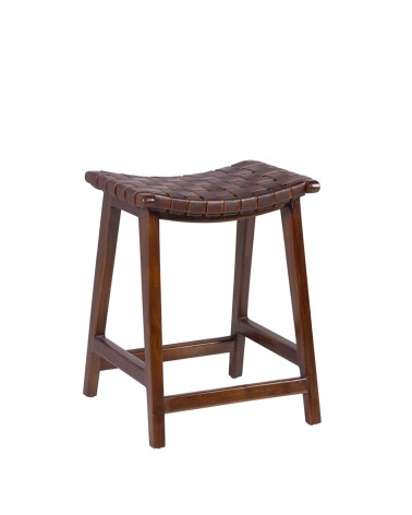 Teak and leather stool 45 x 47 x 60