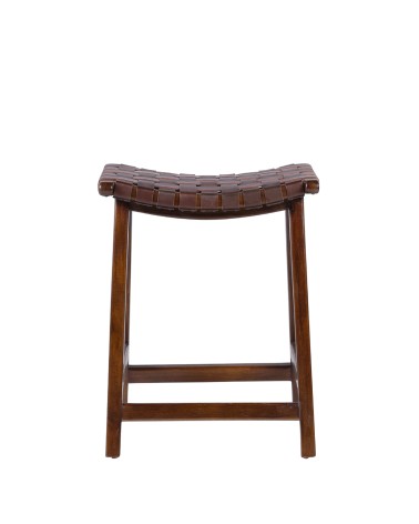 Teak and leather stool 45 x 47 x 60