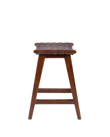 Teak and leather stool 45 x 47 x 60