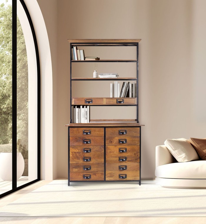 TORONTO - Libreria in mango e ferro con 10 cassetti e 4 scomparti 100 x 45 x 200