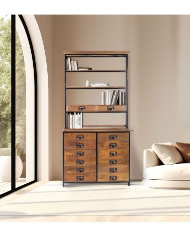 TORONTO - Libreria in mango e ferro con 10 cassetti e 4 scomparti 100 x 45 x 200