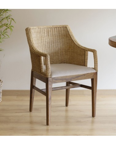 RATTAN - Fauteuil en acajou, rotin et tissu 58 x 60 x 88