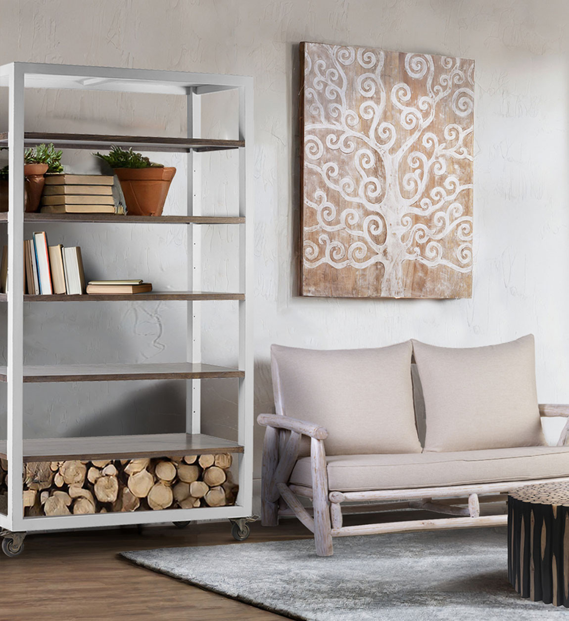 EVEREST - Libreria in legno bianco e marrone con ruote 120 x 45 x 212