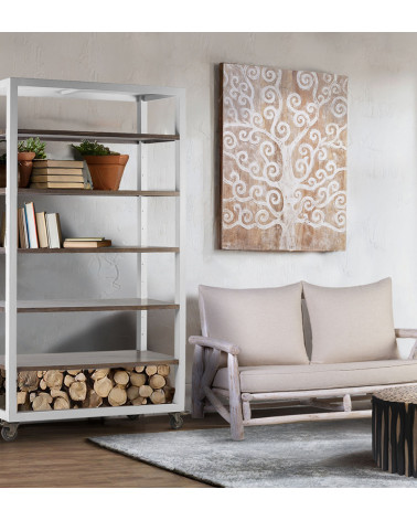 EVEREST - Libreria in legno bianco e marrone con ruote 120 x 45 x 212