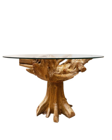 Teak root and glass dining table 130 x 130 x 78