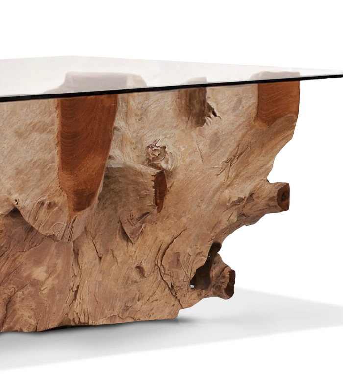 Table basse en racine de teck blanchie avec verre 120 x 75 x 45