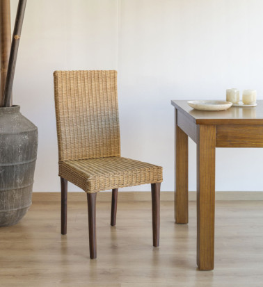 RATTAN - Set of 2 mahogany wood and beige rattan chairs 45 x 47 x 100