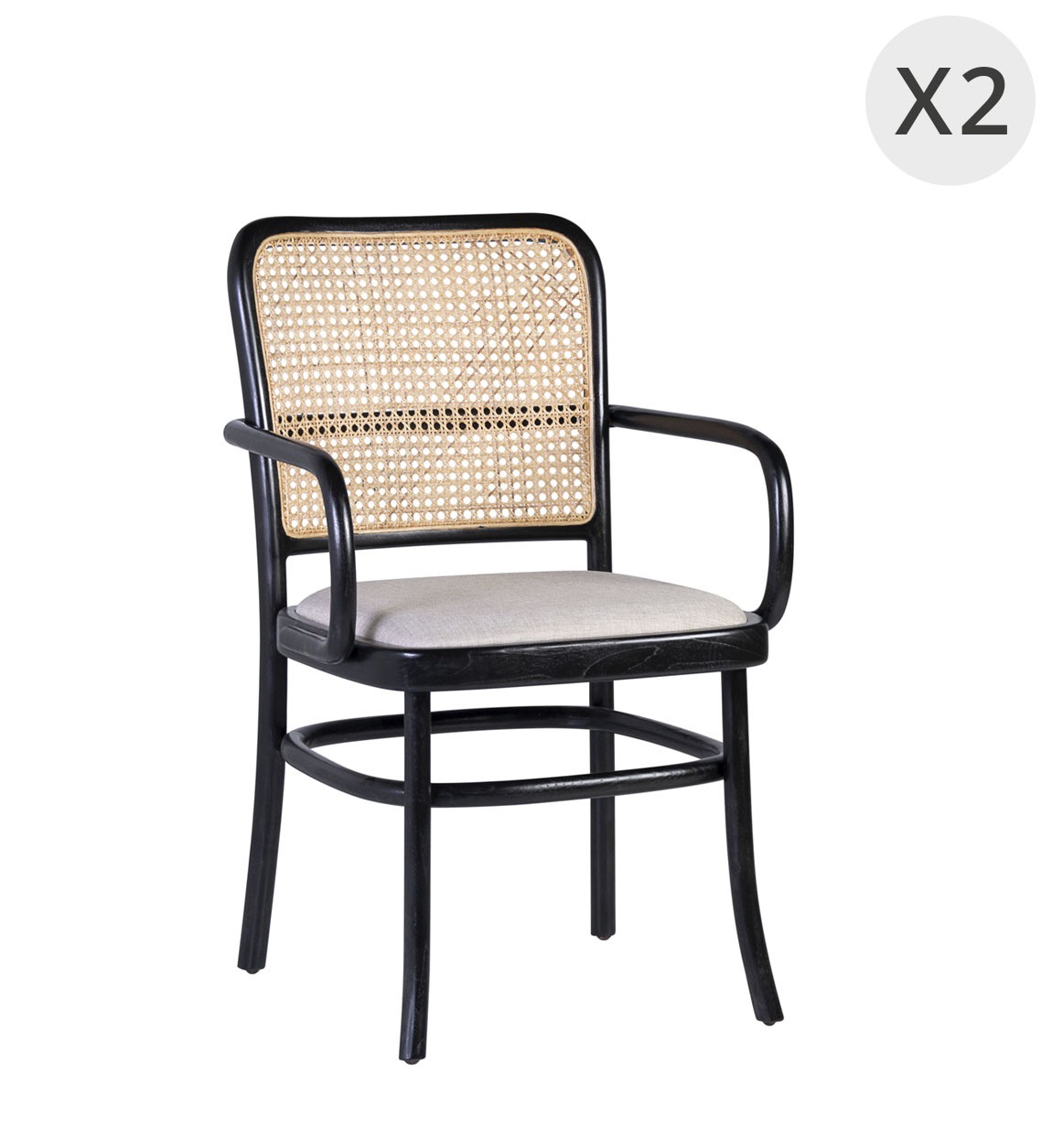 Set of 2 upholstered teak and rattan armchairs 45 x 52 x 86