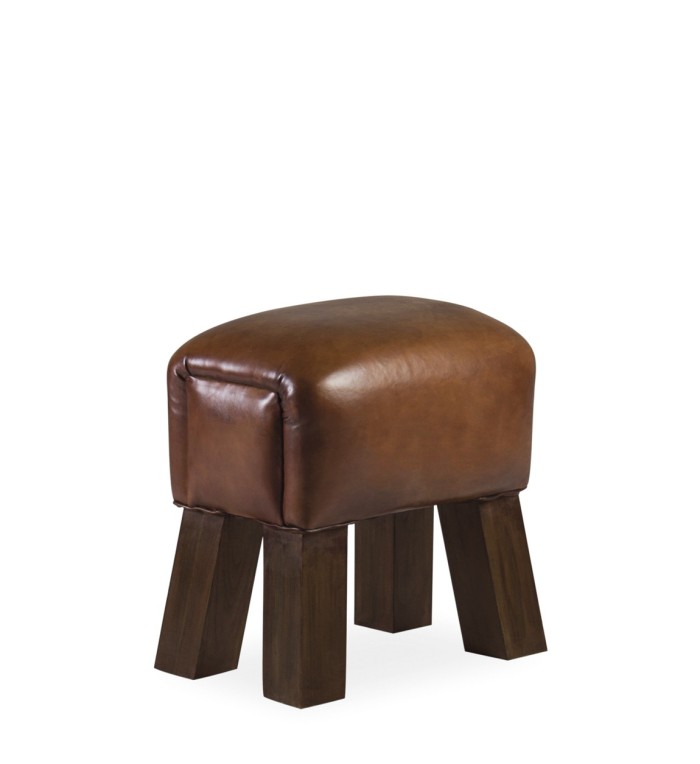 Teak and leather stool 42 x 30 x 45