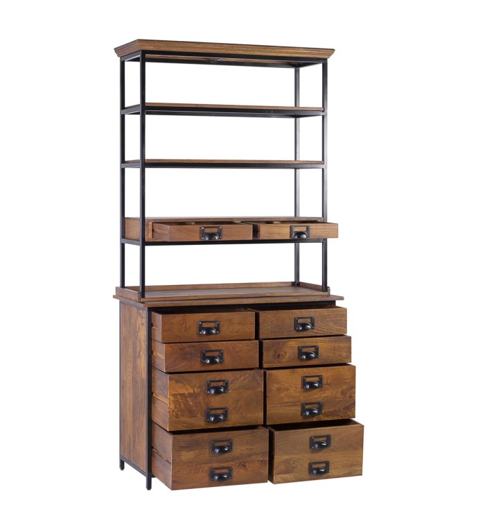 TORONTO - Mango and iron bookcase with 10 drawers and 4 gaps 100 x 45 x 200