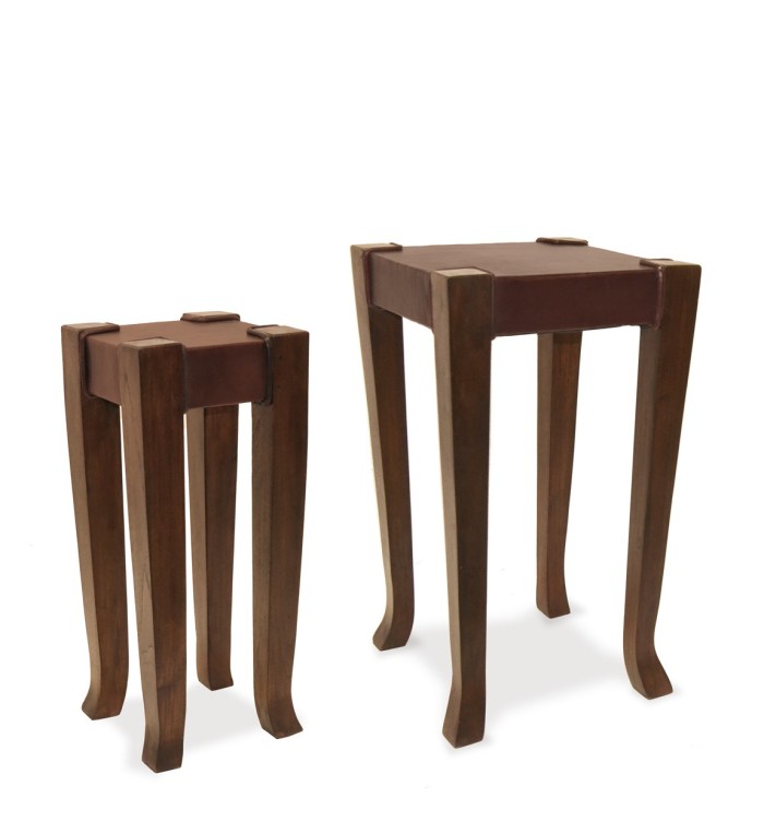 Set di 2 tavolini in teak e pelle 37 x 37 x 65 / 24 x 24 x 56