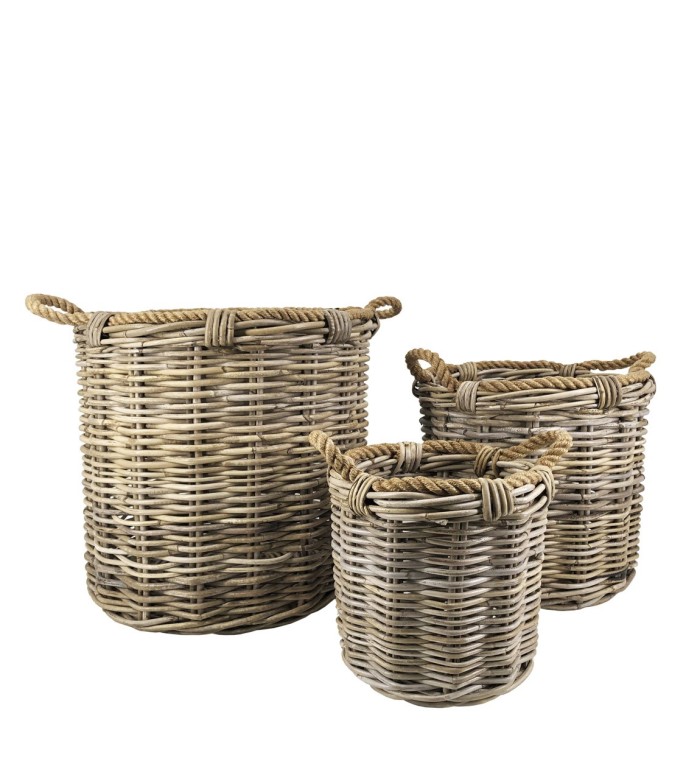 SET MIT 3 KÖRBEN AUS RATTAN UND SEIL 40 x 40 x 40 / 32 x 32 x 34 / 22 x 22 x 25