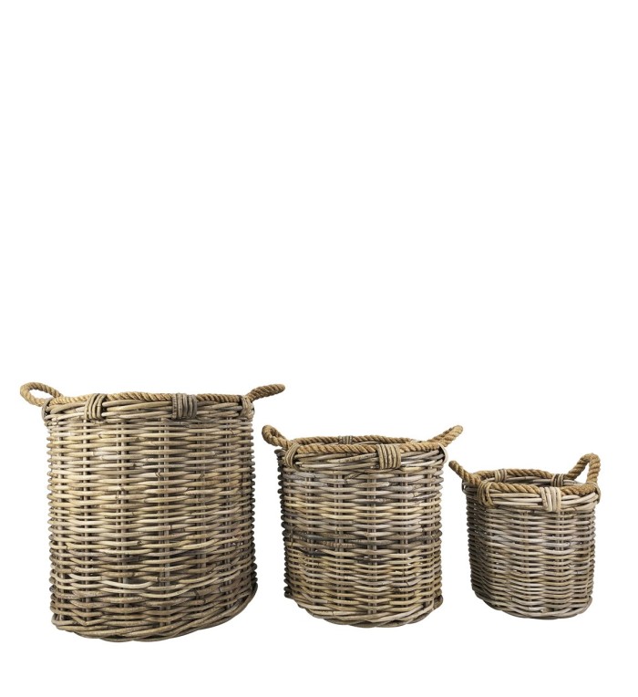 Set de 3 paniers en rotin et corde 40 x 40 x 40 / 32 x 32 x 34 / 22 x 22 x 25