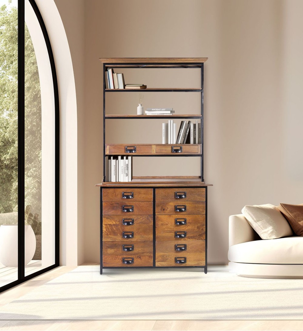 TORONTO - Libreria in mango e ferro con 10 cassetti e 4 scomparti 100 x 45 x 200