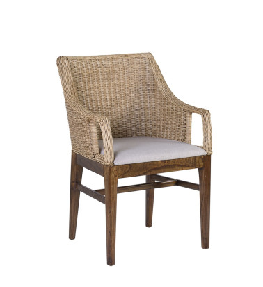 RATTAN - Mahogany, rattan, and fabric armchair 58 x 60 x 88