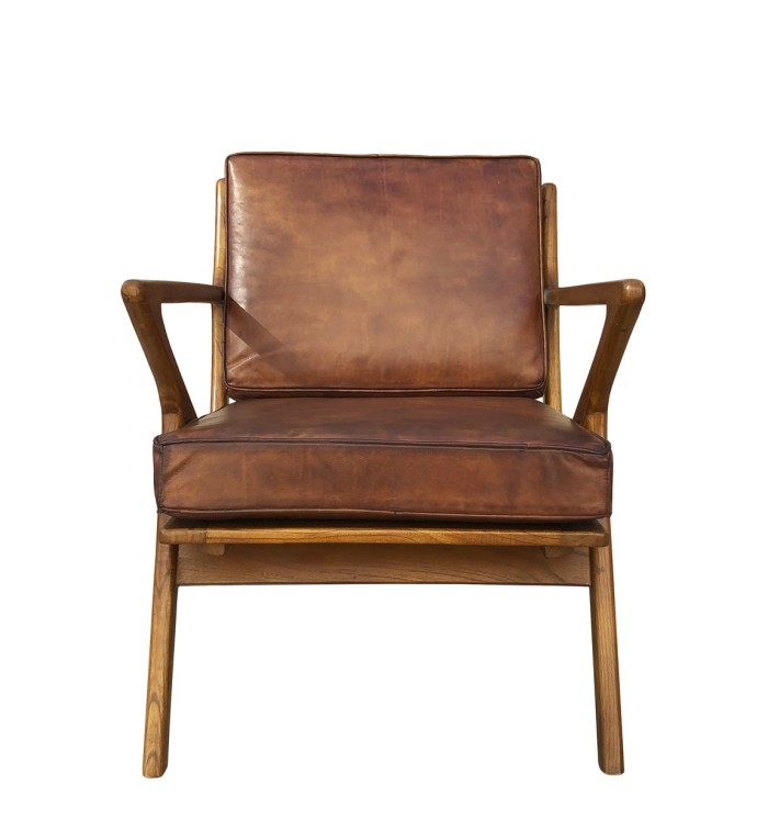 Teak and leather armchair 65 x 75 x 75