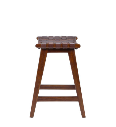 Teak and leather stool 45 x 47 x 60