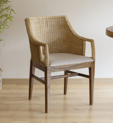 RATTAN - Mahogany, rattan, and fabric armchair 58 x 60 x 88