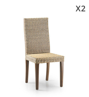 RATTAN - Set of 2 mahogany wood and beige rattan chairs 45 x 47 x 100